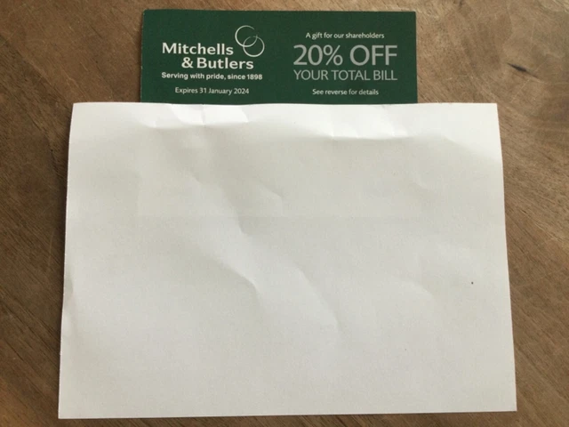 1 x A4 Sheet Of Paper And Mitchells & Butlers Voucher 20% Off FREEPOST