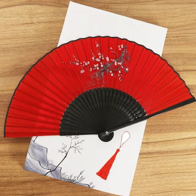 Chinese Style Folding Fan Bamboo Cloth Foldable Hand Held Dance Party Favor - E