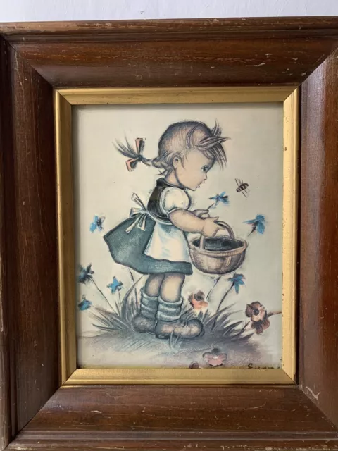 Framed Hummel Print Girl Basket Flowers German Evans Vintage Art Grandma’s House