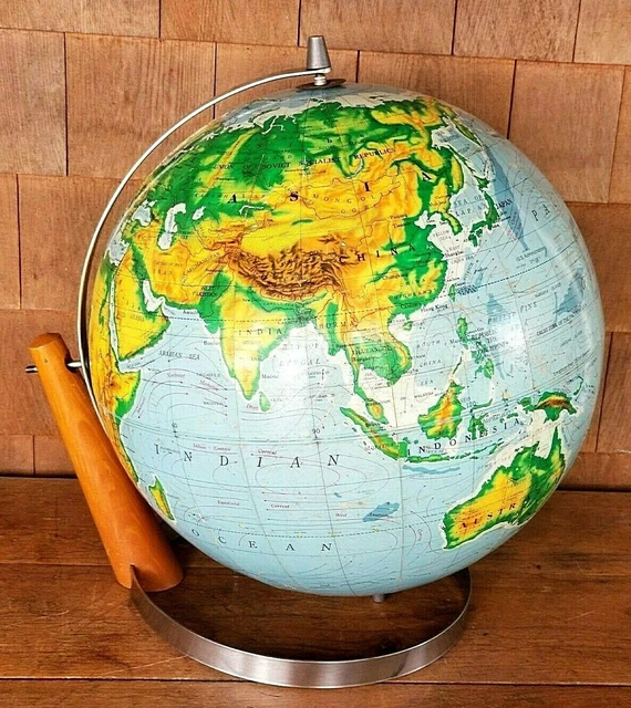 Vintage World Globe 16-inch Nystrom Pictorial Relief Globe Danish Modern 1967