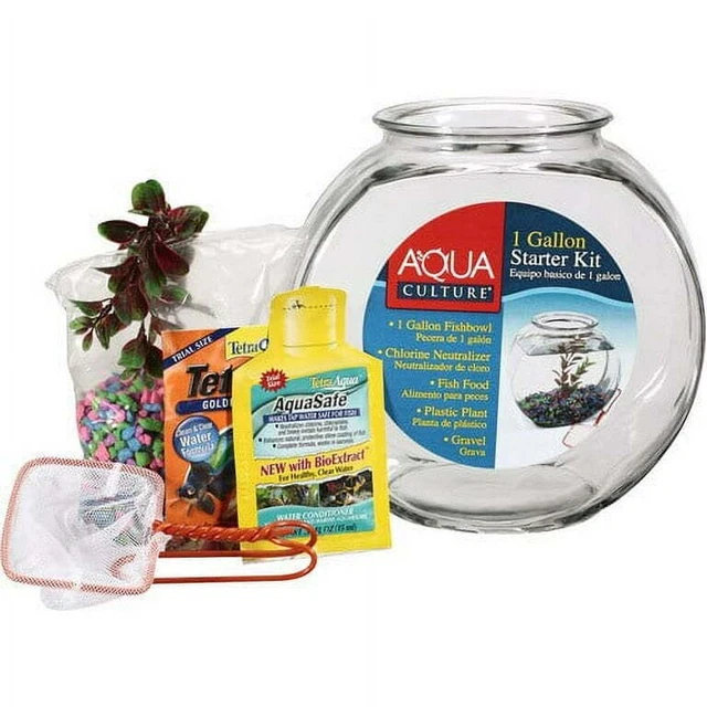 Betta Fish Bowl Kit Glass Aquarium Colorful Gravel Plastic Plant 1-Gallon