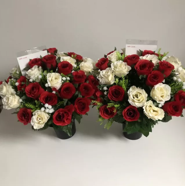 Artificial Faux Silk Flowers Red Roses Memorial Grave Pot Flowers Christmas