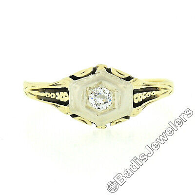Antique Art Deco 14k TT Gold .14ct European Diamond Solitaire Open Engraved Ring