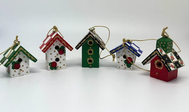 Hand Painted Wooden Mini Bird House Ornaments, Lot of 5