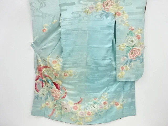36517# Japanese Kimono / Antique Furisode / Embroidery / Phoenix & Kiku