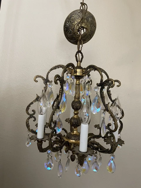 Ceiling solid Brass Hanging Chandelier 6 arm  72 Iridescent Crystal Prisms Spain
