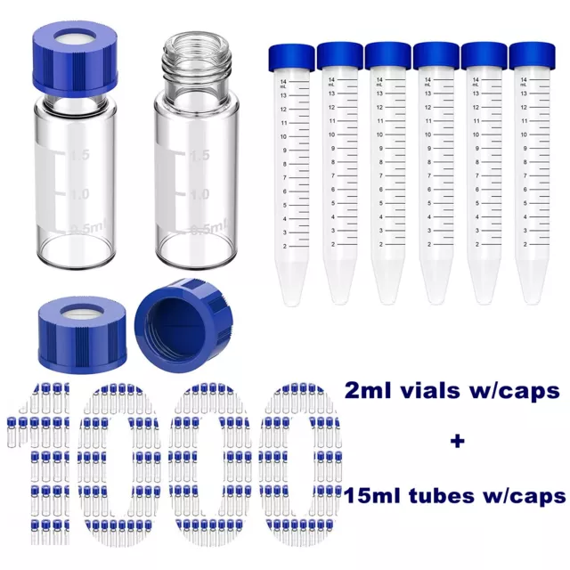 15mL Centrifuge Tubes Caps 100x 2mL Autosampler Clear Vials Pre-slit Screw Caps