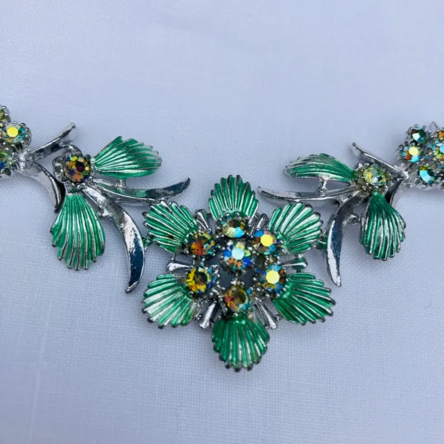 Aurora Borealis Necklace Green Crystal Flowers Silver Tone Genuine 1960s Vintage