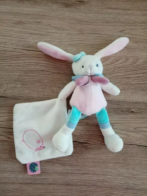 Doudou pantin mouchoir lapin rose blanc bleu Berry BABY NAT petit modele