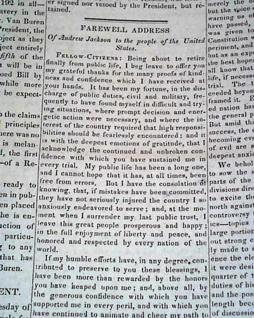 MARTIN VAN BUREN Inauguration & ANDREW JACKSON'S Farewell Address 1837