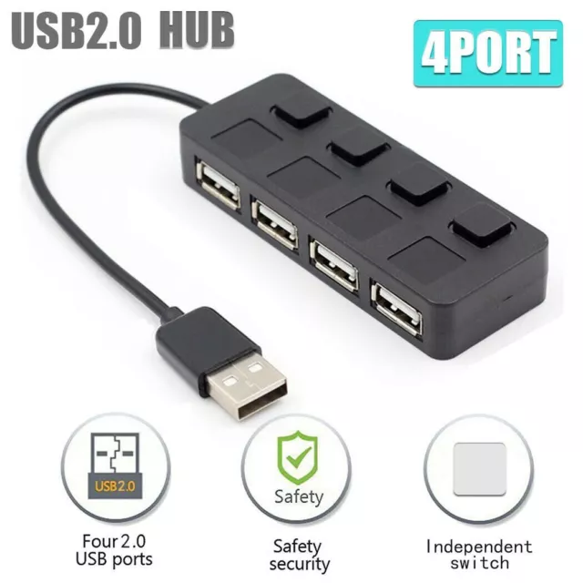 4 Port USB 2.0 with ON/OFF Switch Compact USB Multi Hub Expansion Splitter