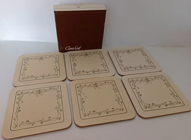 Cloverleaf Set Of 6 Square Cork-based Coasters Eternal Beau In Box Vintage