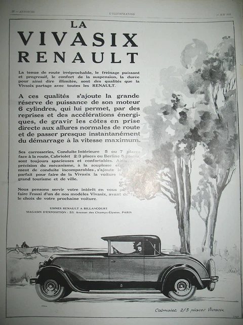 Publicite De Presse Renault Vivasix Cabriolet Automobile French Ad 1928