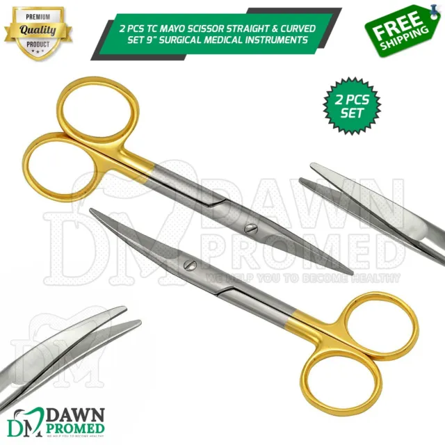 2 Pcs TC Mayo Scissor Straight & curved Set 9" Surgical Medical Instruments