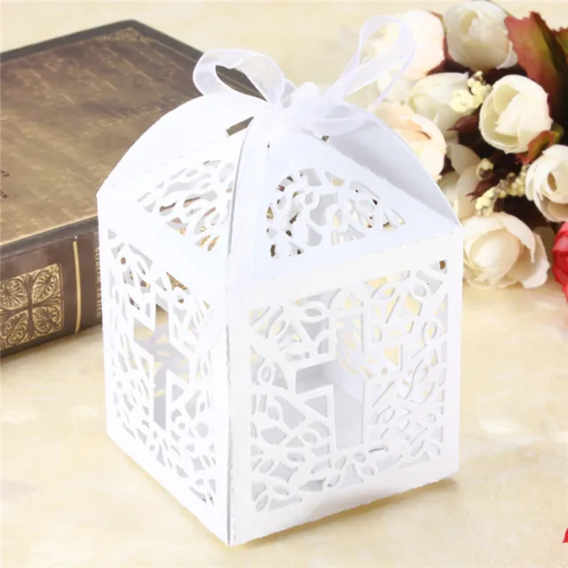 10/50/100pcs Cross Hollow Wedding Party Paper Favor Candy Boxes With Ribb'UR