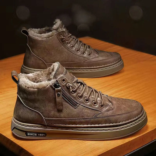 PU Leather Casual Shoes Non-Slip Short Snow Boots Mens for Winter (Khaki 39)