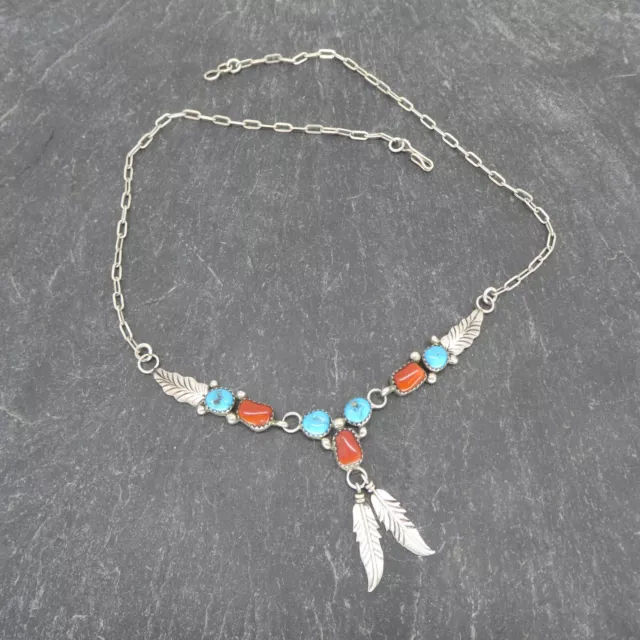 Vintage Collier Halskette 925er Silber mit Türkis und Koralle - Navajo Schmuck