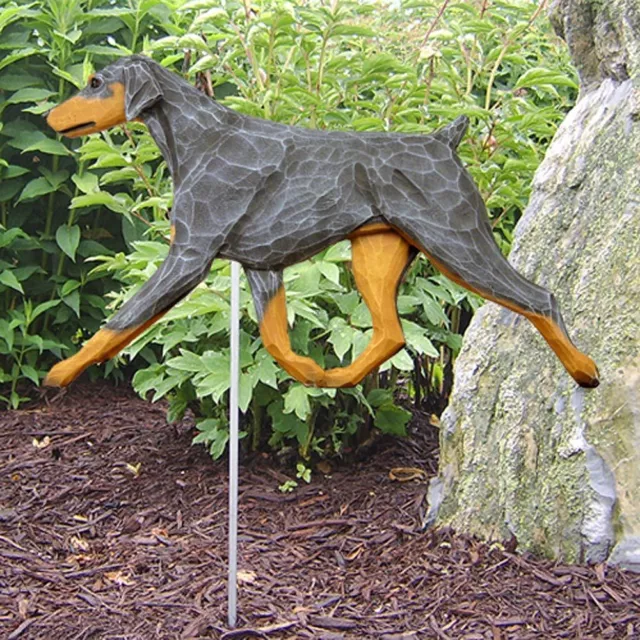 Dobermann Extérieur Jardin Signe Main Peint Figurine Bleu/Brun Uncropped