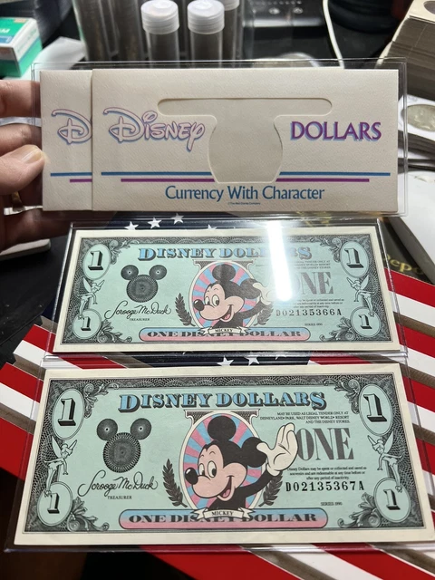 Lot 2 x 1990 Mickey Mouse $1 Disney Dollars Bills Notes Consecutive Serial #s