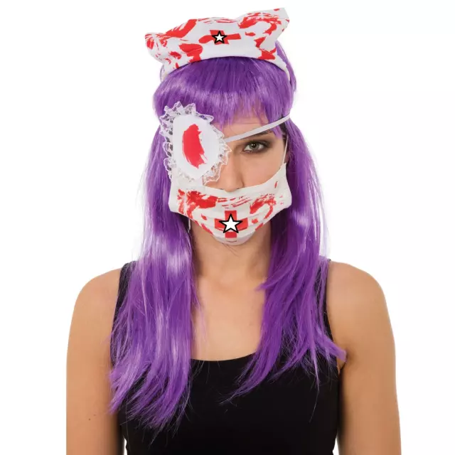 Sangriento Enfermera Tres Piezas Set Boca Máscara Tocado Parche de Ojo Halloween