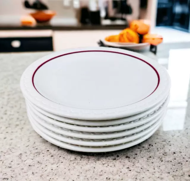 6 vtg Restaurant Ware Syracuse econo Rim Red Cardinal line Dinner plates 9.5"