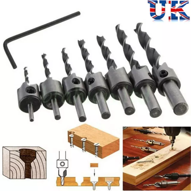 7x HSS 5 Flute Countersink Drill Bit Set Reamer Woodworking Chamfer & Wrench