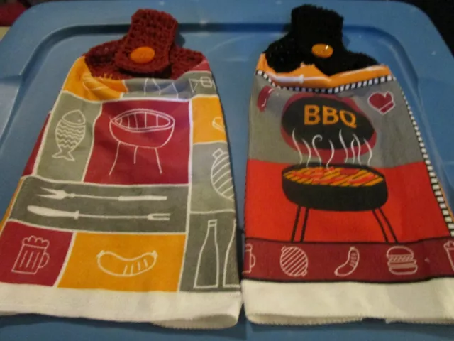 2 Handmade Crocheted Top Hanging Kitchen Towel Bbq