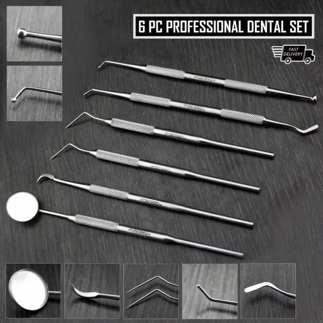 6 Pcs Kit Dental Mirror Scaler Teeth Cleaning / Dental Probe Set Stainless Steel