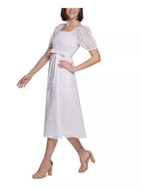 KENSIE Womens White Pullover Tie Waist Pouf Sleeve Midi Fit + Flare Dress 2 3