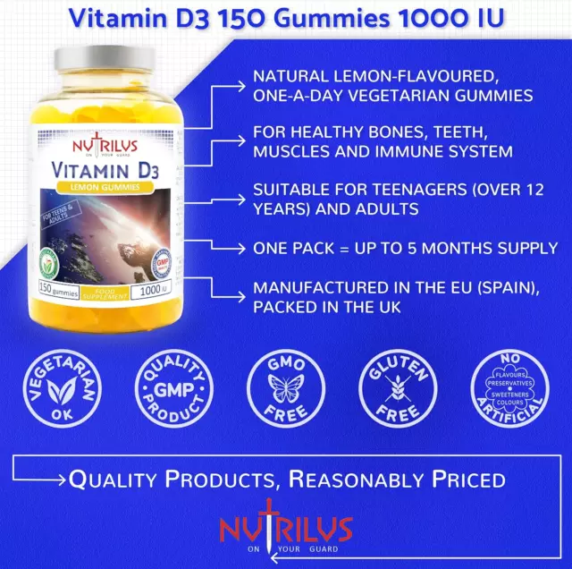 VITAMIN D3 1000 IU - 150 Natural Lemon Gummies - for Teens & Adults ...