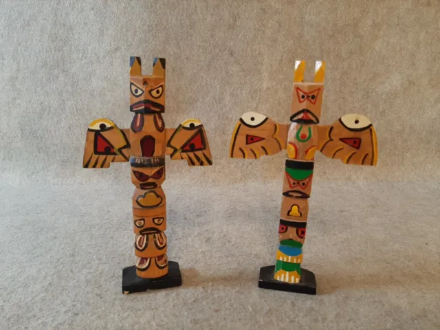 Vintage pair Carved Wooden Miniature Totem Poles Hand Painted Tribal Decorative