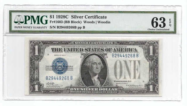 1928C $1 SILVER CERTIFICATE. PMG Choice Uncirculated 63 EPQ BANKNOTE, B/B Block