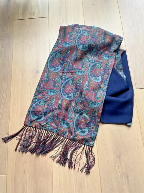 Saldarini for Liberty silk scarf blue paisley fringed unisex wool lining 54x12"