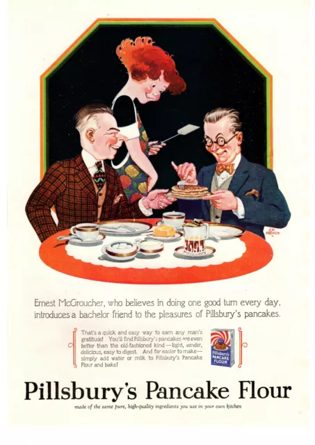 1928 Pillsbury's Pancake Flour Bachelor Breakfast G.W. French Art Color Print Ad