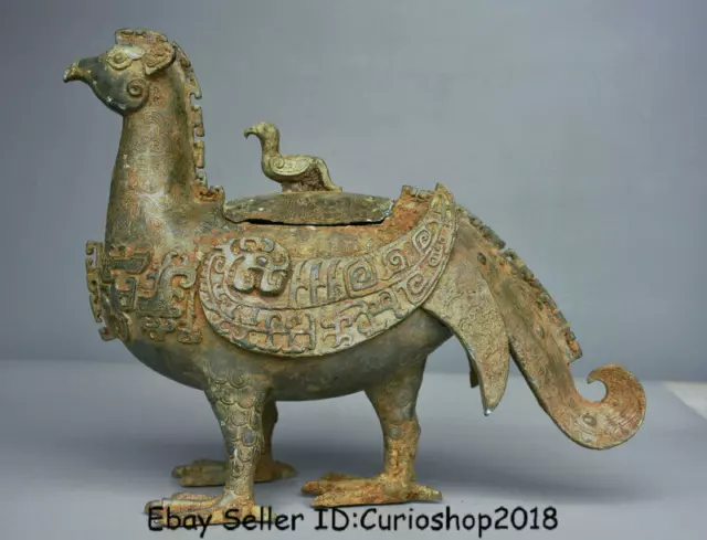 12.8" Old Chinese Bronze Ware Dynasty Phoenix Birds Zun Lids Jar drinking vessel