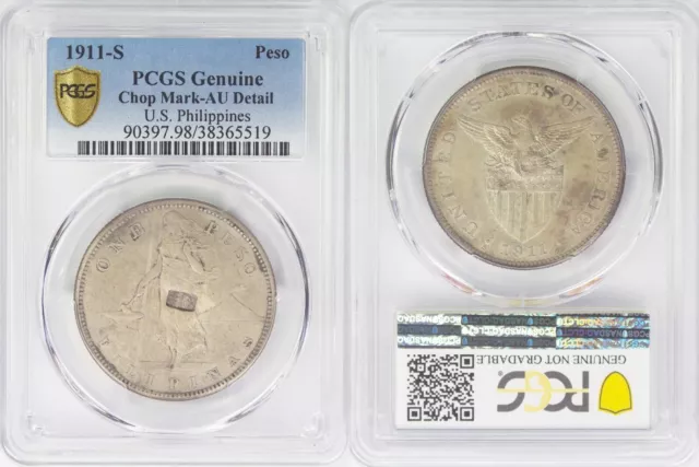 1911-S US/Philippines Peso w/ CHOPMARK ~ PCGS AU Details ~ 80% Silver ~ H164