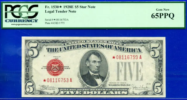 Near TOP POP- 1928-E $5 US Note ( 3rd Finest - Red Seal STAR) PCGS 65PPQ # 6753-