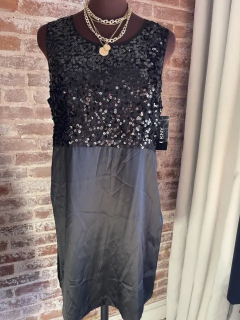 New! DKNY Black Sleeveless Silk Dress Sequin Embellished Cocktail Party Size 14