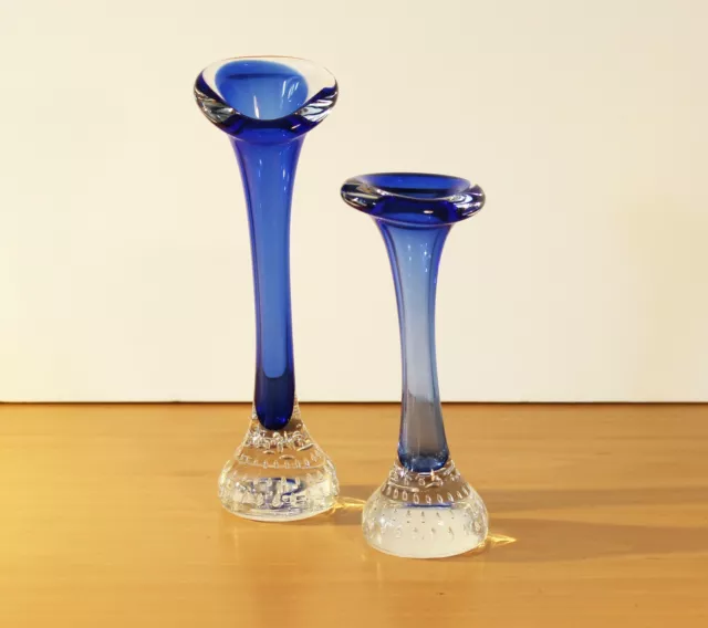 Swedish Glass Vases x  2, Aseda Blue, Mid Century Modern Design, 20 cms & 16 cms