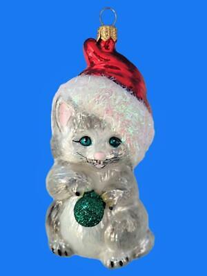 White Grey Christmas Kitten Ornament European  Blown Glass Tree Cat