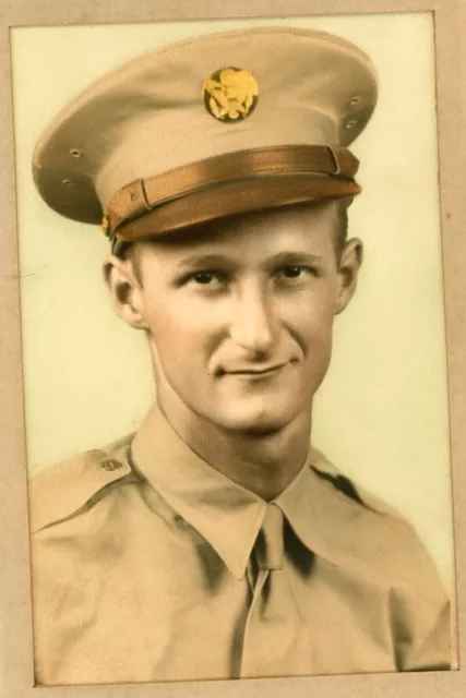 WW2 Photo Soldier Enlisted Young Man Visor Service Cap Khaki Tan Uniform Frame