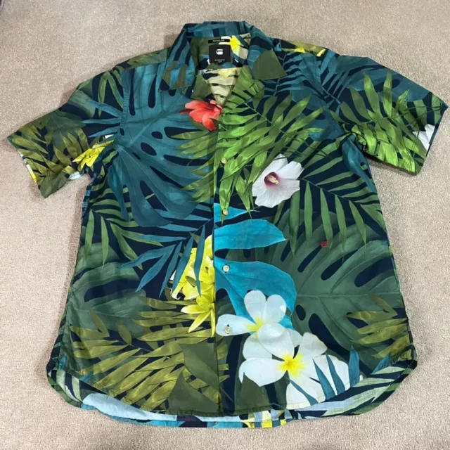 G Star Shirt Mens Extra Large Green Floral Forest Short Sleeve Button Up Casual