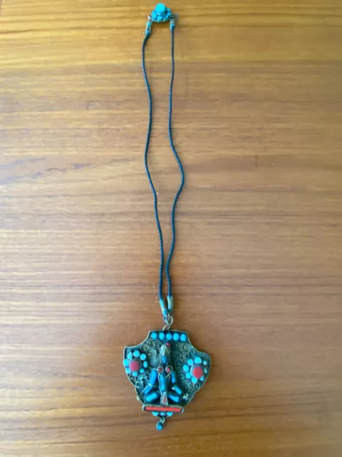 Vintage Sage Tibetan Coral and Turquoise Brass Buddha Necklace