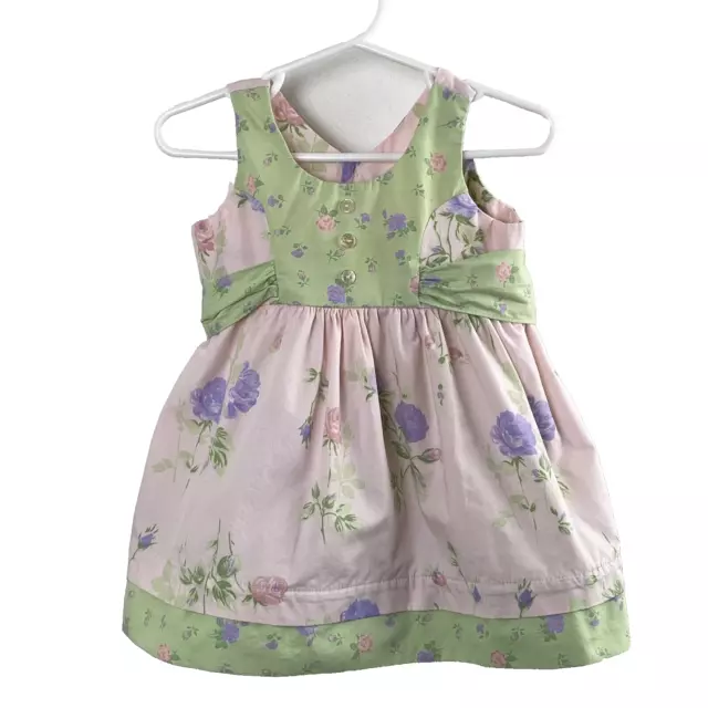 Hartstrings Baby Little Girls Pink Green Floral Dress 12M 100% Cotton Easter