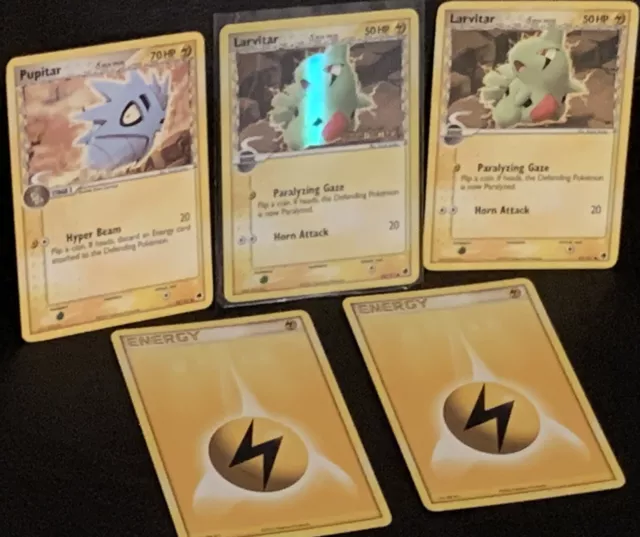 Larvitar EX Dragon Frontiers Rainbow Holo + Pupitar + 2 Energy Pokémon Cards