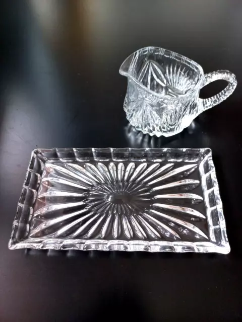 Milch und Zuckerset 2 teilig Tablett Kristallglas geschliffen 50er 60er vintage 3