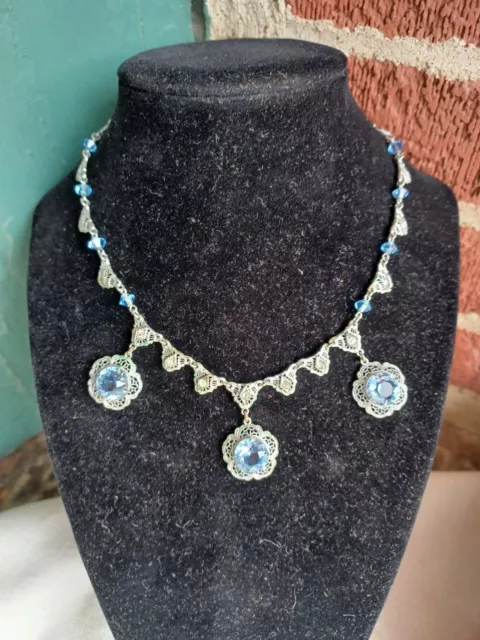 Vintage Art Deco Silver Plate Filigree Open Back Blue Crystal Rhineston Necklace