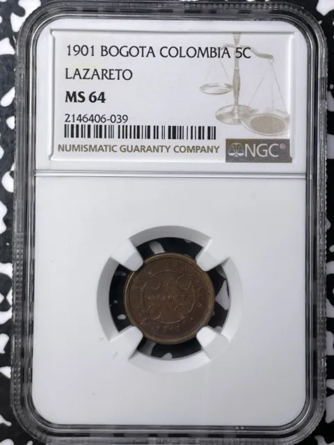 1901 Colombia Bogota Leper Colony 5 Centavos NGC MS64 Lot#G5743 Choice UNC!