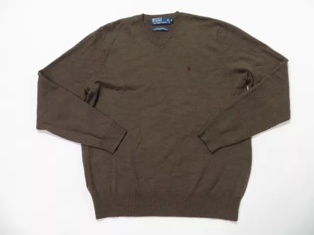 Vintage Polo Ralph Lauren Merino Wool Sweater Mens Medium V-Neck Pullover Brown