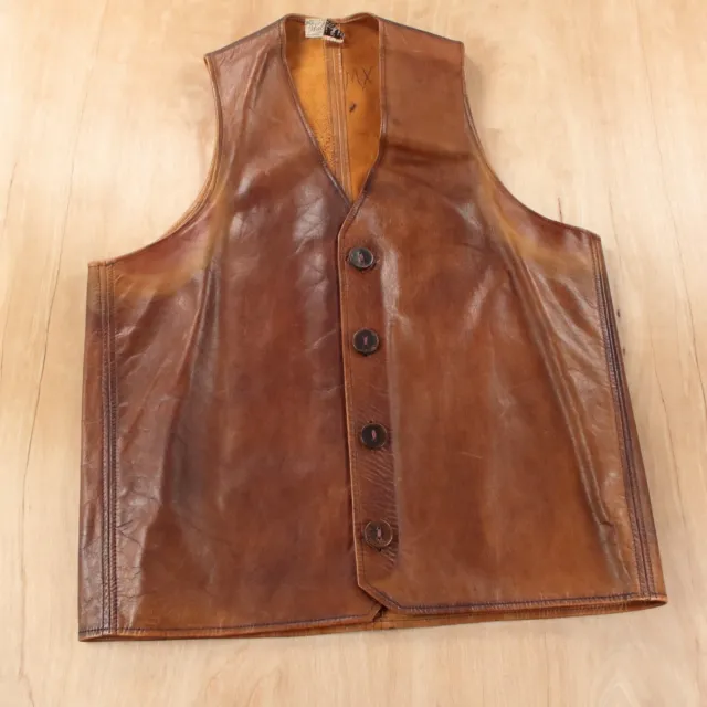 WALTE DYER brown leather button up vest MEDIUM vtg 60s 70s usa made biker harley